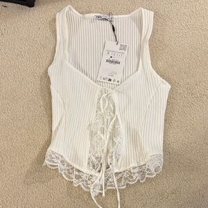 Zara White Ribbed Lace-Front Camisole
